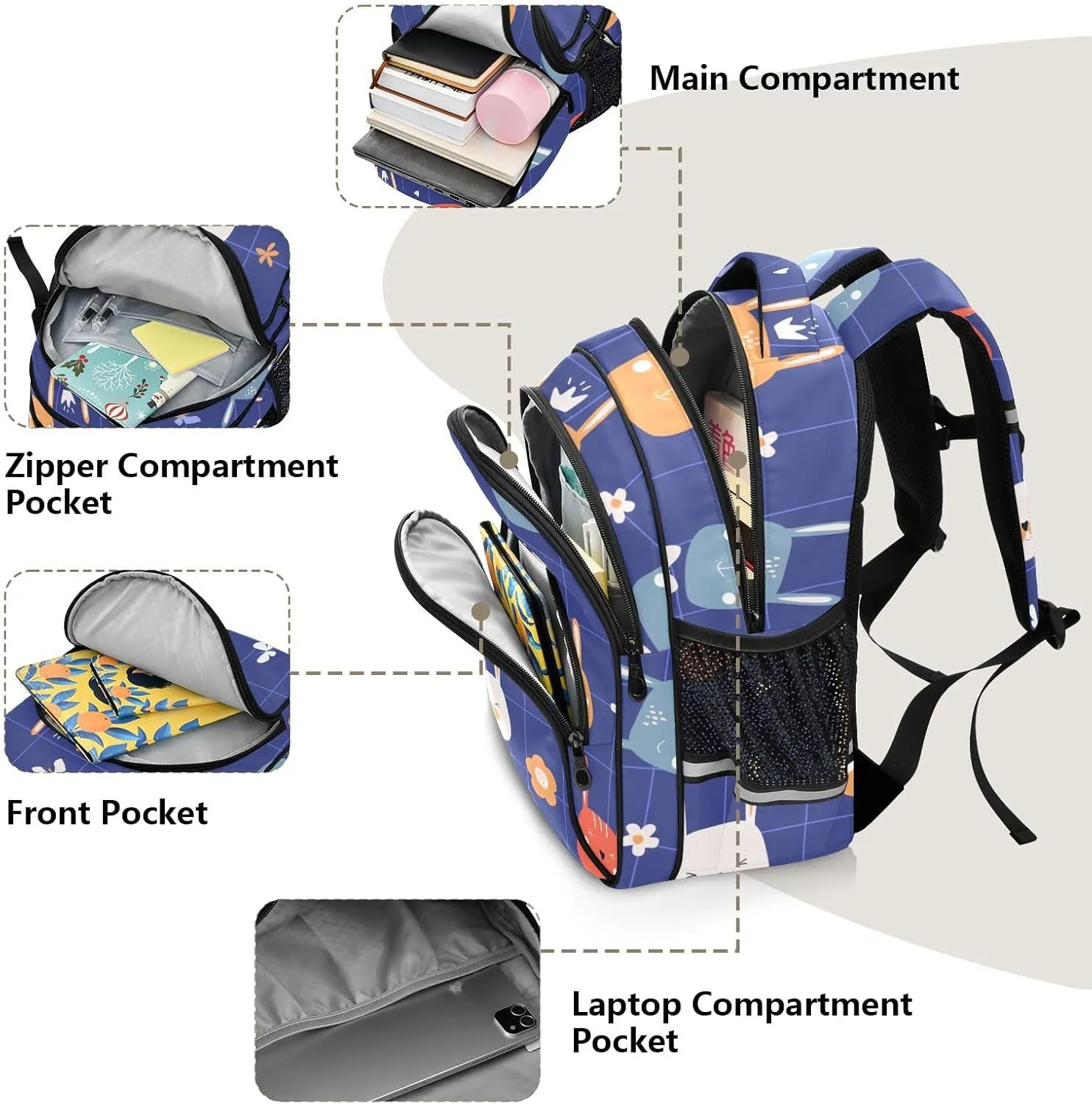 Cute Funny Hare Faces Blue Backpack Bookbag School Bag with Pockets for Kids Girls Boys Toddler Toddlers Small Bookbags Schoolbag Travel Ages 3-14