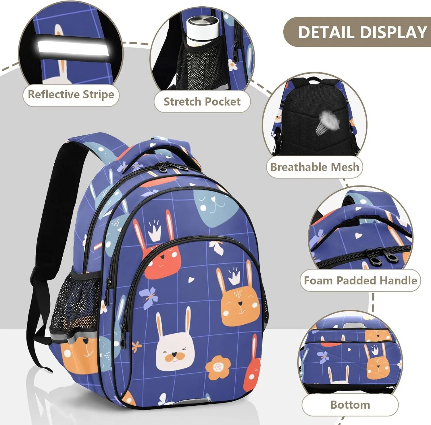 Cute Funny Hare Faces Blue Backpack Bookbag School Bag with Pockets for Kids Girls Boys Toddler Toddlers Small Bookbags Schoolbag Travel Ages 3-14