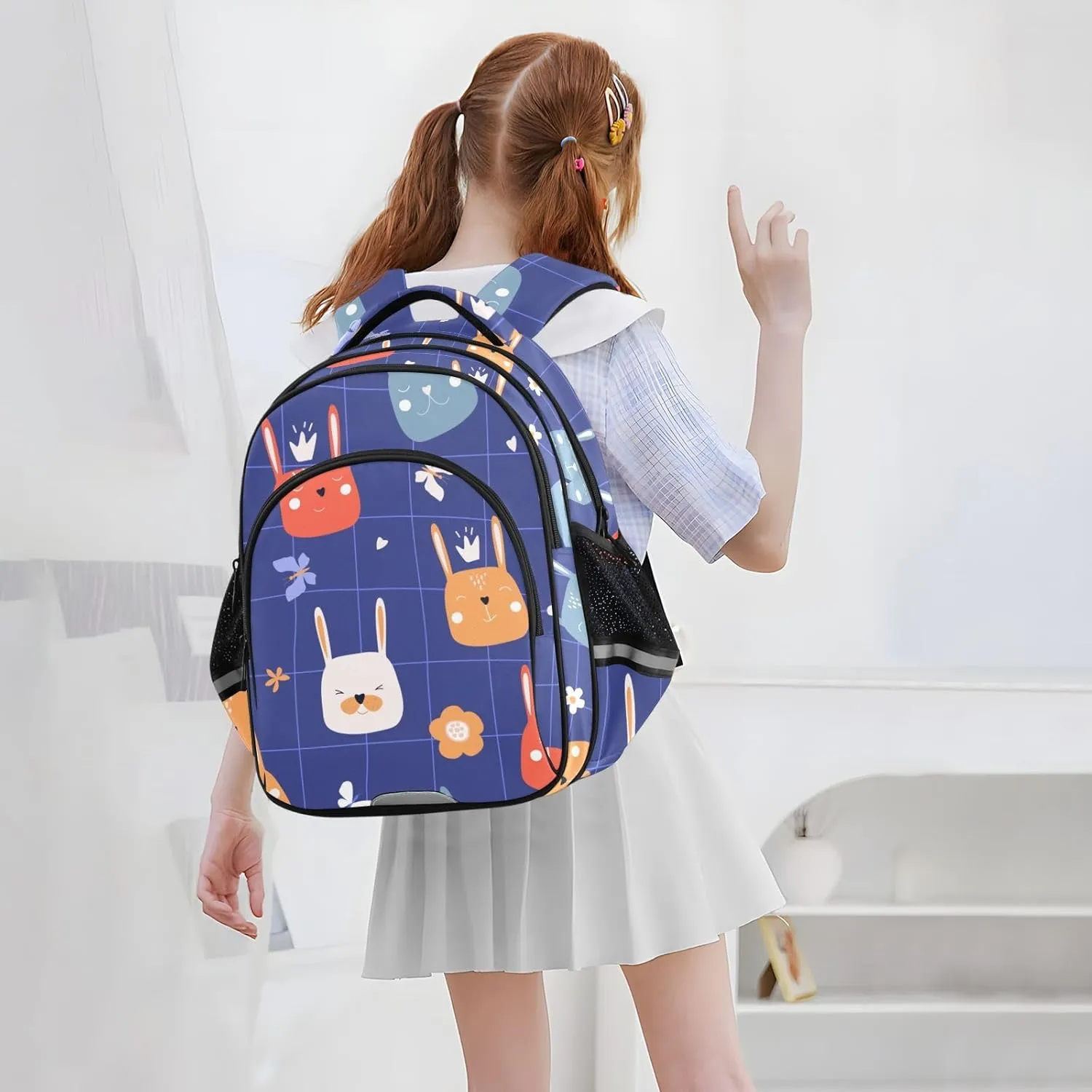 Cute Funny Hare Faces Blue Backpack Bookbag School Bag with Pockets for Kids Girls Boys Toddler Toddlers Small Bookbags Schoolbag Travel Ages 3-14