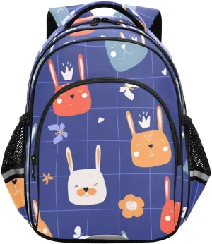 Cute Funny Hare Faces Blue Backpack Bookbag School Bag with Pockets for Kids Girls Boys Toddler Toddlers Small Bookbags Schoolbag Travel Ages 3-14