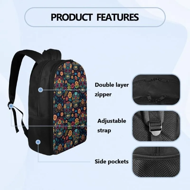 Cute Skull Floral Print Casual Backpack Soft Shoulder Straps Cartoon Moroccan Skeleton Flower 17.3 Inch College Backpacks Large Travel Daypack Bag for Women Men, Black