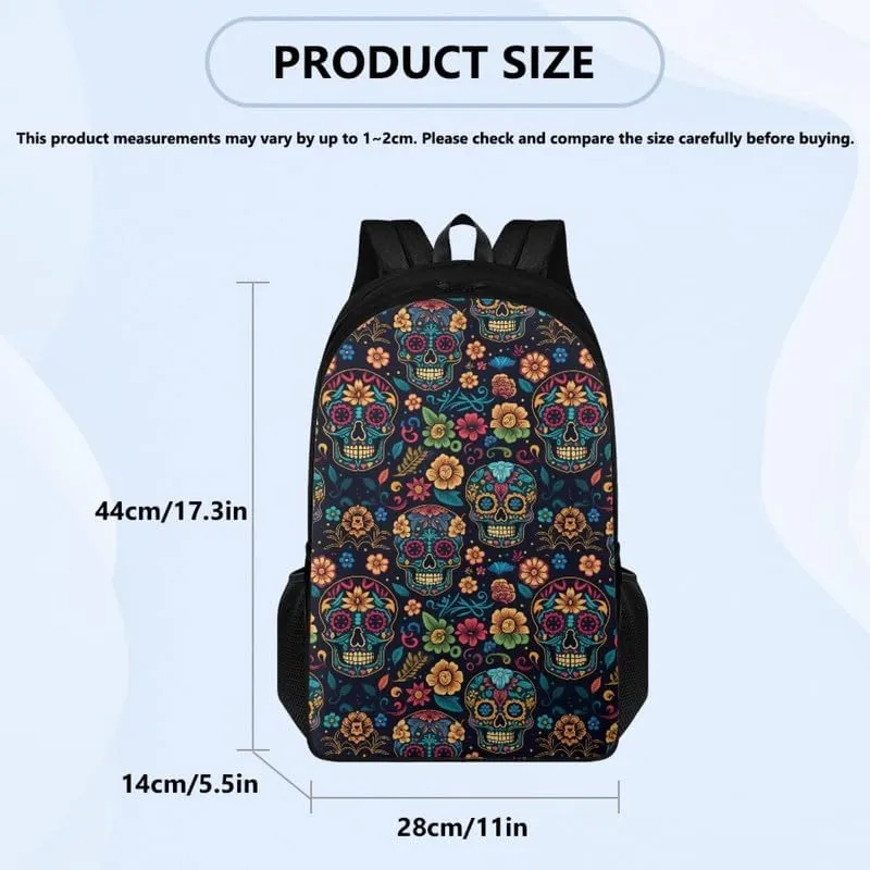Cute Skull Floral Print Casual Backpack Soft Shoulder Straps Cartoon Moroccan Skeleton Flower 17.3 Inch College Backpacks Large Travel Daypack Bag for Women Men, Black