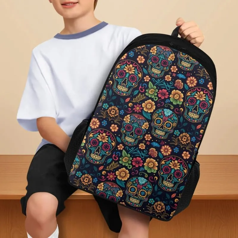 Cute Skull Floral Print Casual Backpack Soft Shoulder Straps Cartoon Moroccan Skeleton Flower 17.3 Inch College Backpacks Large Travel Daypack Bag for Women Men, Black
