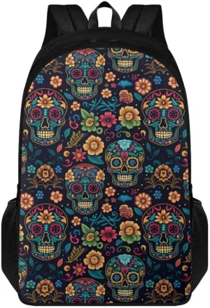 Cute Skull Floral Print Casual Backpack Soft Shoulder Straps Cartoon Moroccan Skeleton Flower 17.3 Inch College Backpacks Large Travel Daypack Bag for Women Men, Black