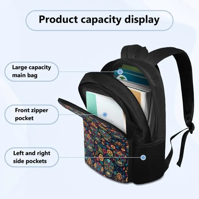 Cute Skull Floral Print Casual Backpack Soft Shoulder Straps Cartoon Moroccan Skeleton Flower 17.3 Inch College Backpacks Large Travel Daypack Bag for Women Men, Black
