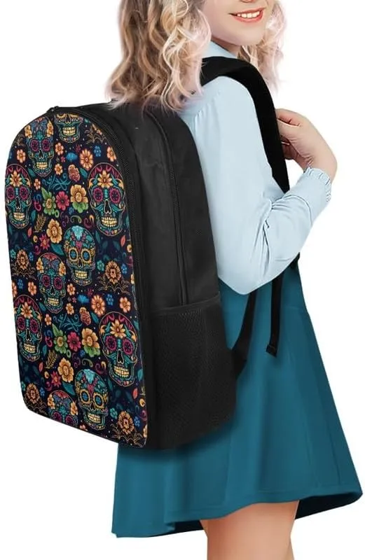 Cute Skull Floral Print Casual Backpack Soft Shoulder Straps Cartoon Moroccan Skeleton Flower 17.3 Inch College Backpacks Large Travel Daypack Bag for Women Men, Black