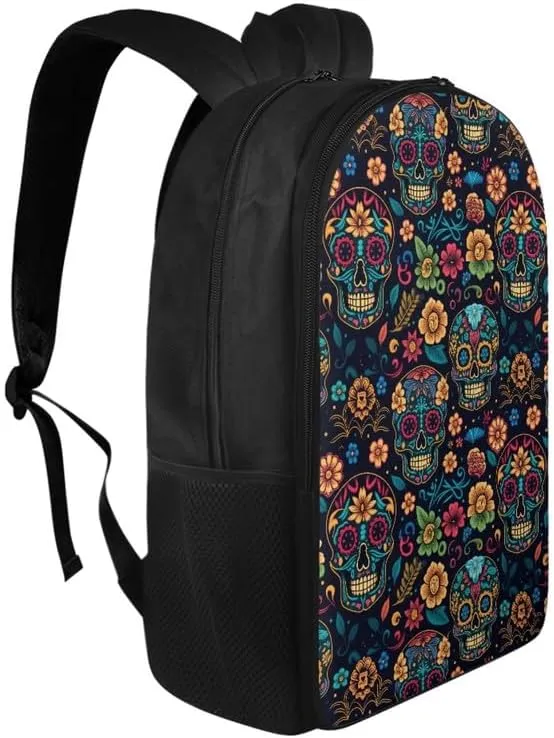 Cute Skull Floral Print Casual Backpack Soft Shoulder Straps Cartoon Moroccan Skeleton Flower 17.3 Inch College Backpacks Large Travel Daypack Bag for Women Men, Black
