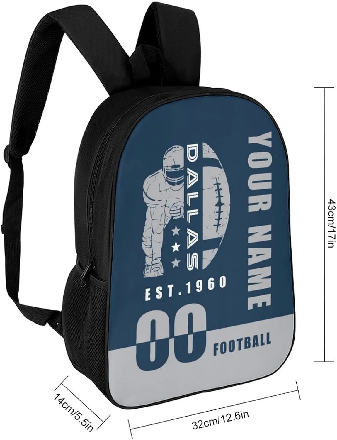 Dallas Backpack 17 Inch SchoolBag, Personalized Any Name Number High Capacity Laptop Bag Casual Daypack for Man/Woman/Girl/Boy