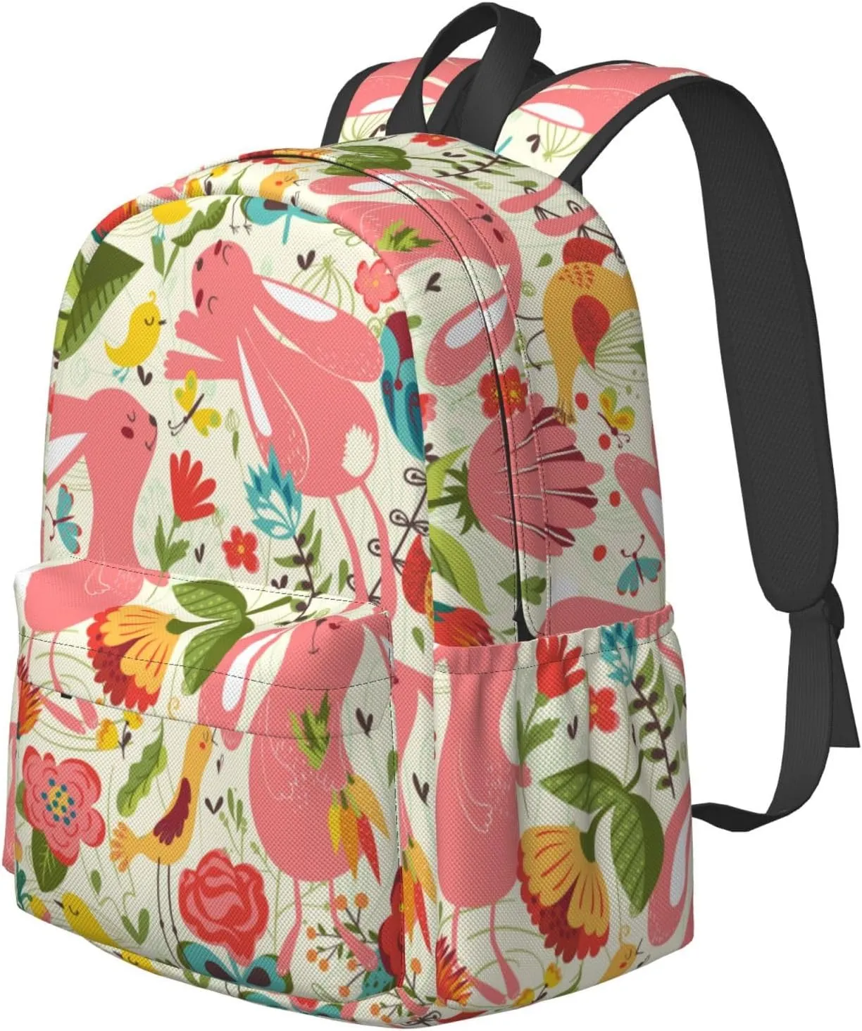 Delerain 17 Inch Backpack Bunnies Flowers Laptop Backpack School Bookbag Shoulder Bag Casual Daypack For School/Camping/Hiking/Picnic/Beach/Travel