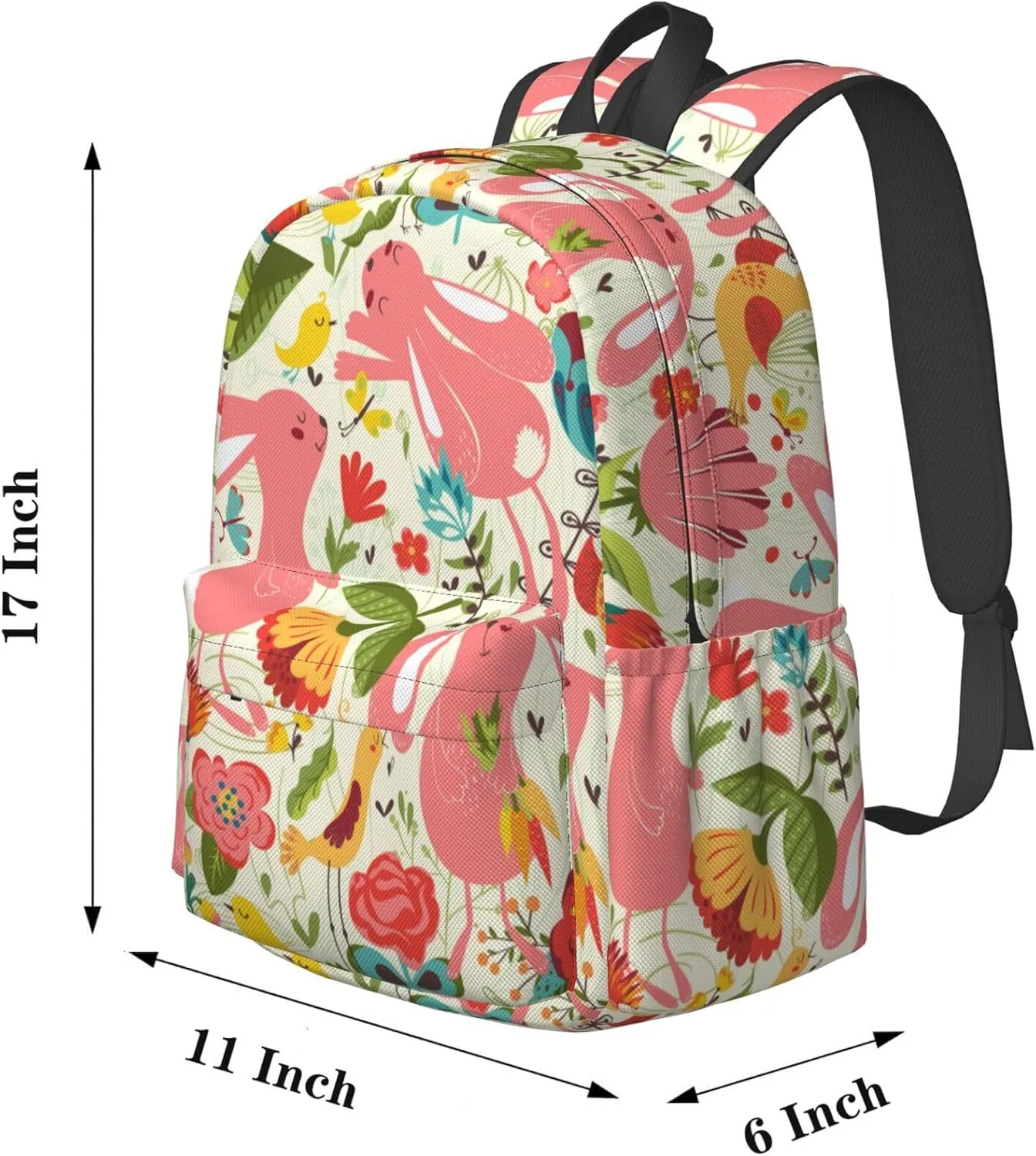 Delerain 17 Inch Backpack Bunnies Flowers Laptop Backpack School Bookbag Shoulder Bag Casual Daypack For School/Camping/Hiking/Picnic/Beach/Travel