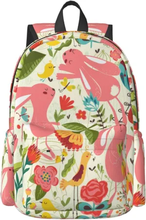 Delerain 17 Inch Backpack Bunnies Flowers Laptop Backpack School Bookbag Shoulder Bag Casual Daypack For School/Camping/Hiking/Picnic/Beach/Travel