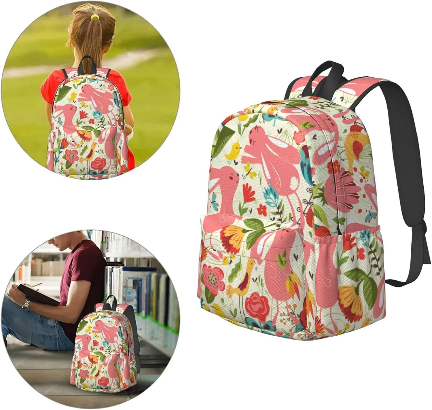 Delerain 17 Inch Backpack Bunnies Flowers Laptop Backpack School Bookbag Shoulder Bag Casual Daypack For School/Camping/Hiking/Picnic/Beach/Travel