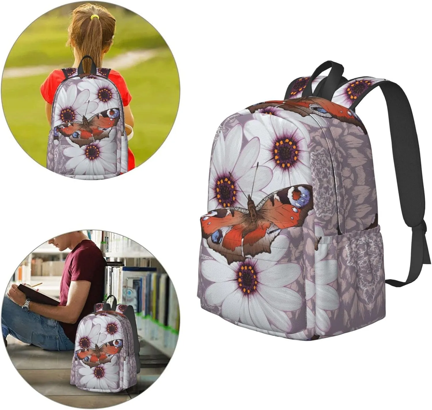 Delerain 17 Inch Backpack Butterflies And Flowers Laptop Backpack School Bookbag Shoulder Bag Casual Daypack For School/Camping/Hiking/Picnic/Beach/Travel