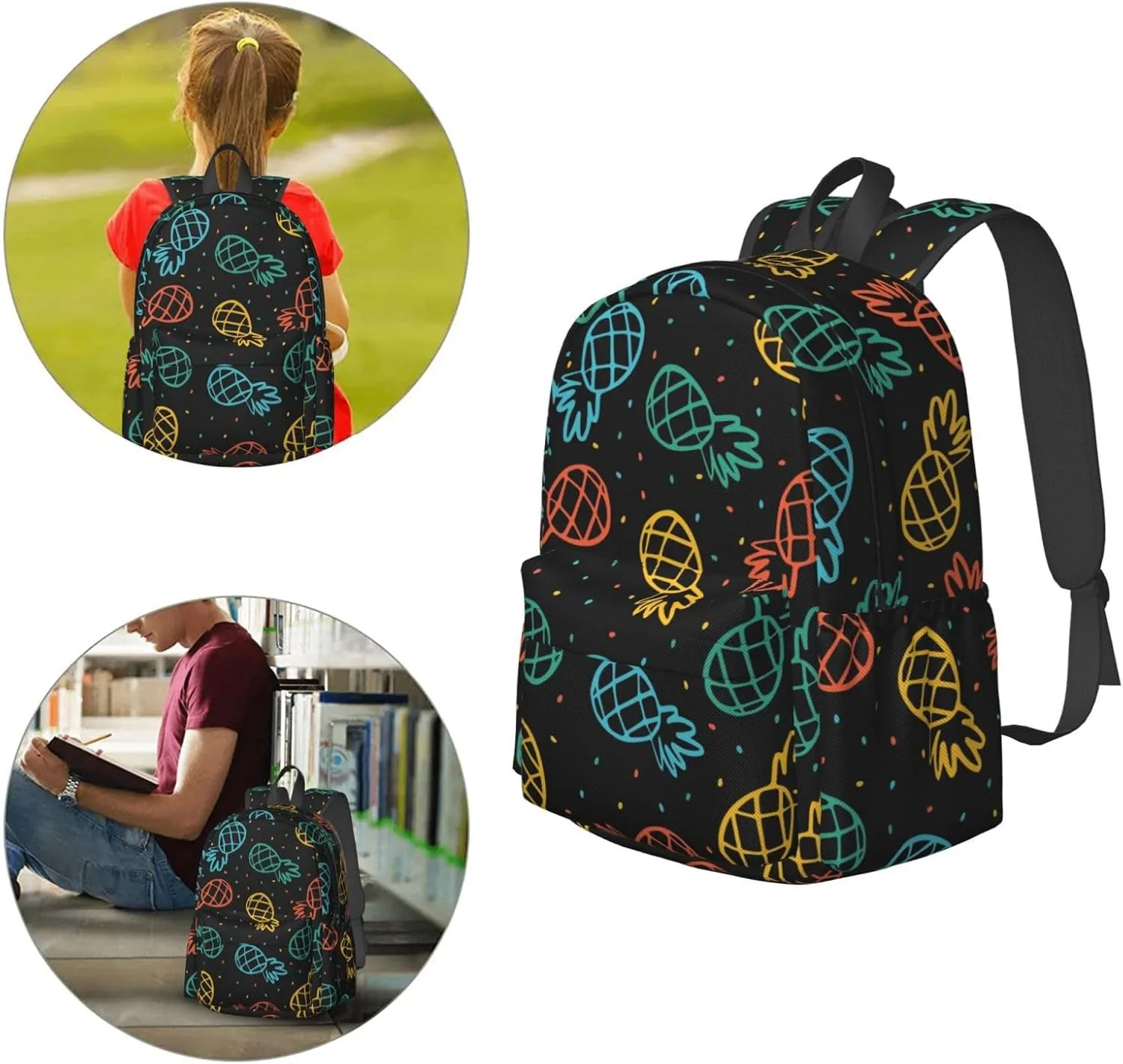 Delerain 17 Inch Backpack Colorful Outline Pineapples Laptop Backpack School Bookbag Shoulder Bag Casual Daypack For School/Camping/Hiking/Picnic/Beach/Travel