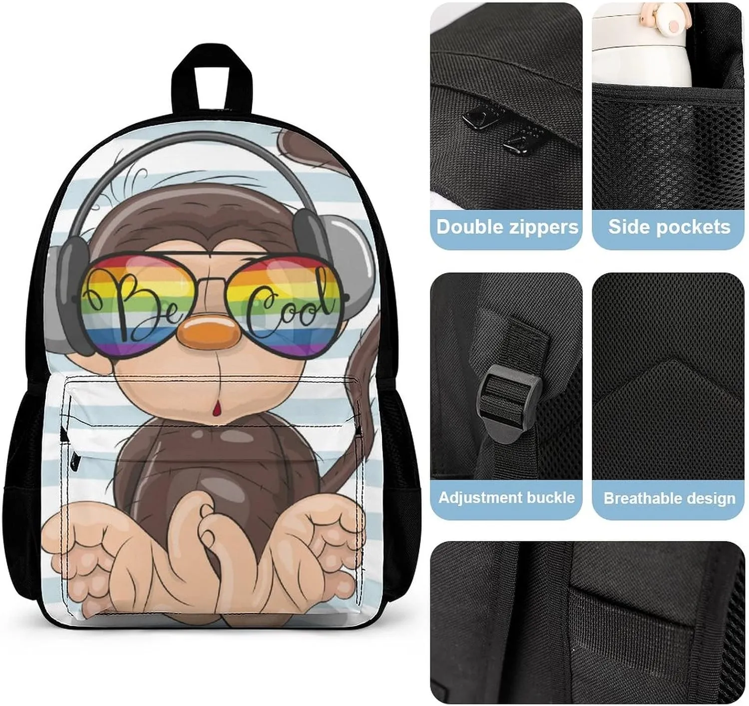 Delerain Cute Monkey 3 Pcs Backpack Set for Kids Back to School Bookbag with Lunch Box and Pencil Case Durable Lightweight Travel for Teens Students Boys Girls