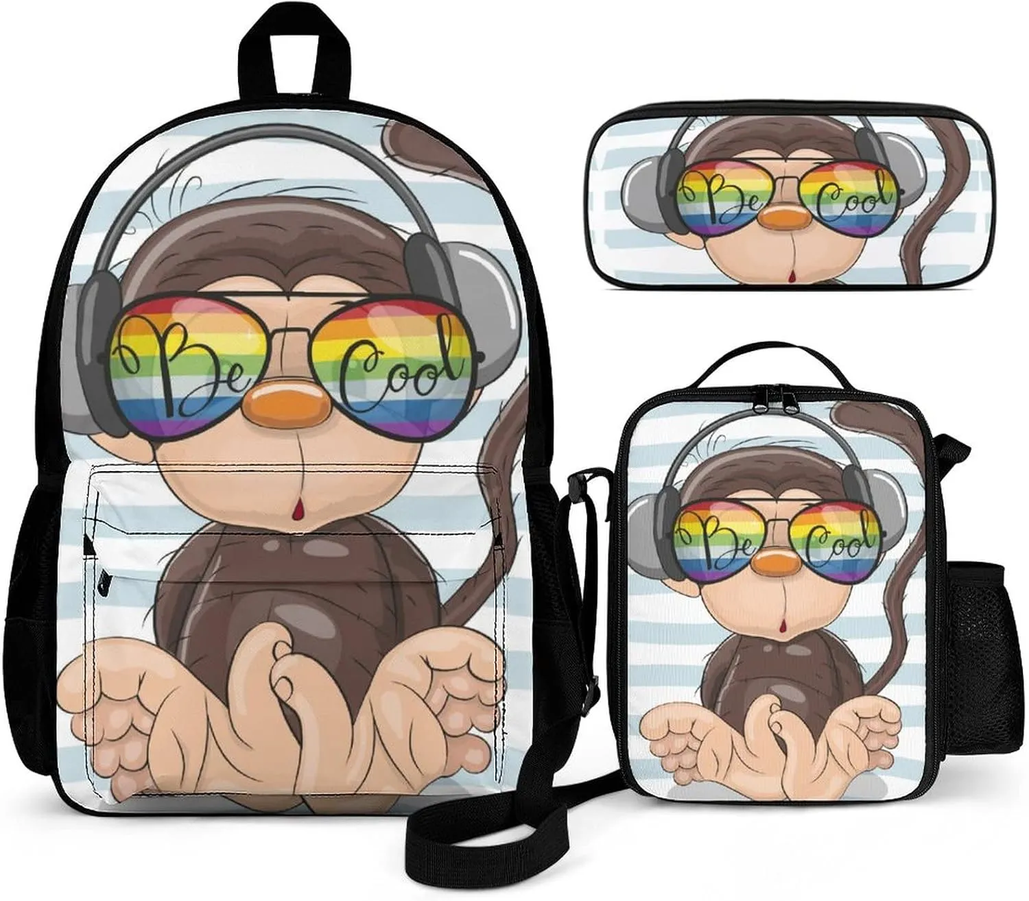 Delerain Cute Monkey 3 Pcs Backpack Set for Kids Back to School Bookbag with Lunch Box and Pencil Case Durable Lightweight Travel for Teens Students Boys Girls