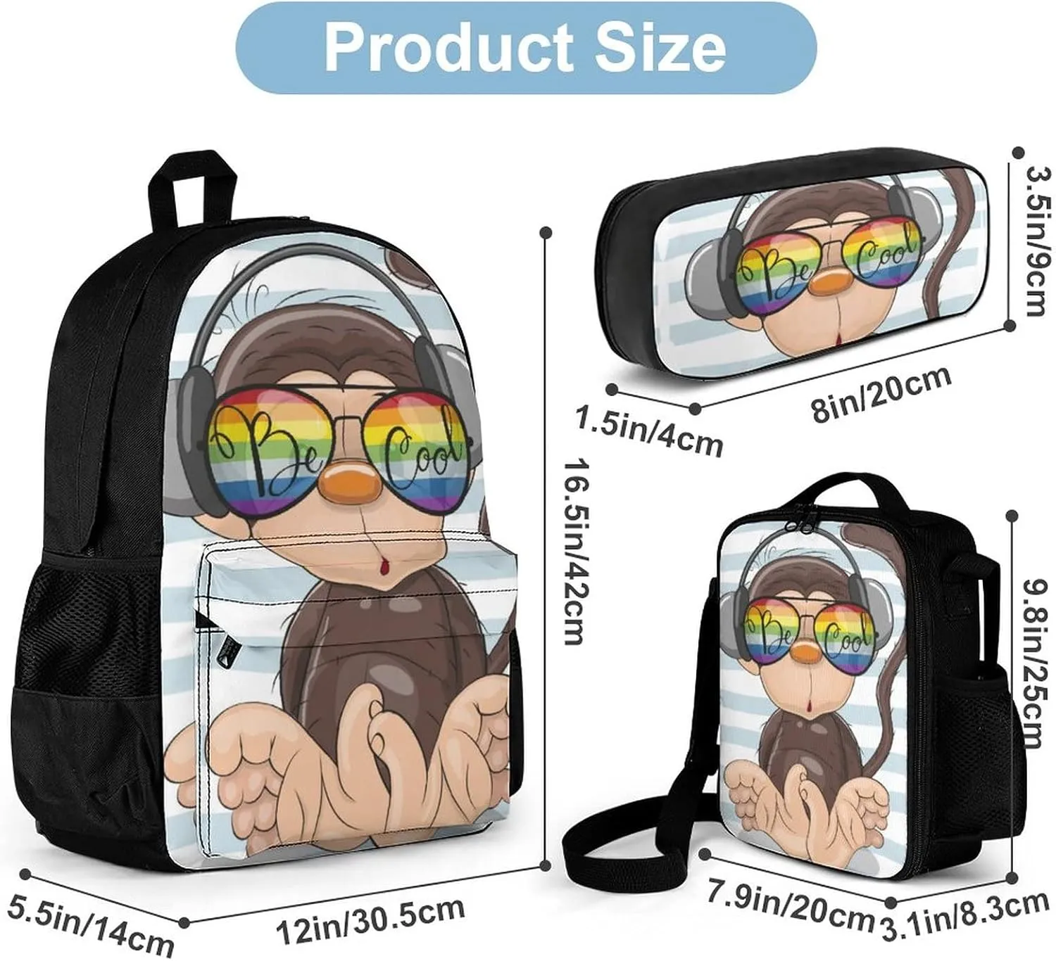 Delerain Cute Monkey 3 Pcs Backpack Set for Kids Back to School Bookbag with Lunch Box and Pencil Case Durable Lightweight Travel for Teens Students Boys Girls