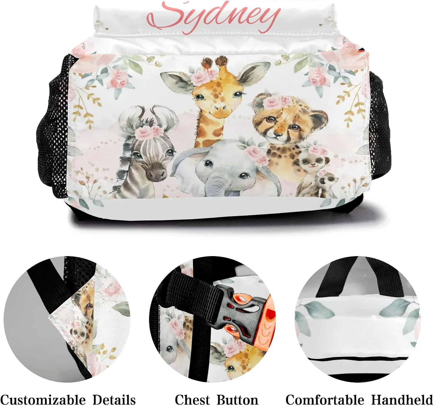 Deven Safari Jungle Animals Gold Floral Personalized Kids Backpack for Boy/Girl Teen Primary School Daypack Travel Bag Bookbag
