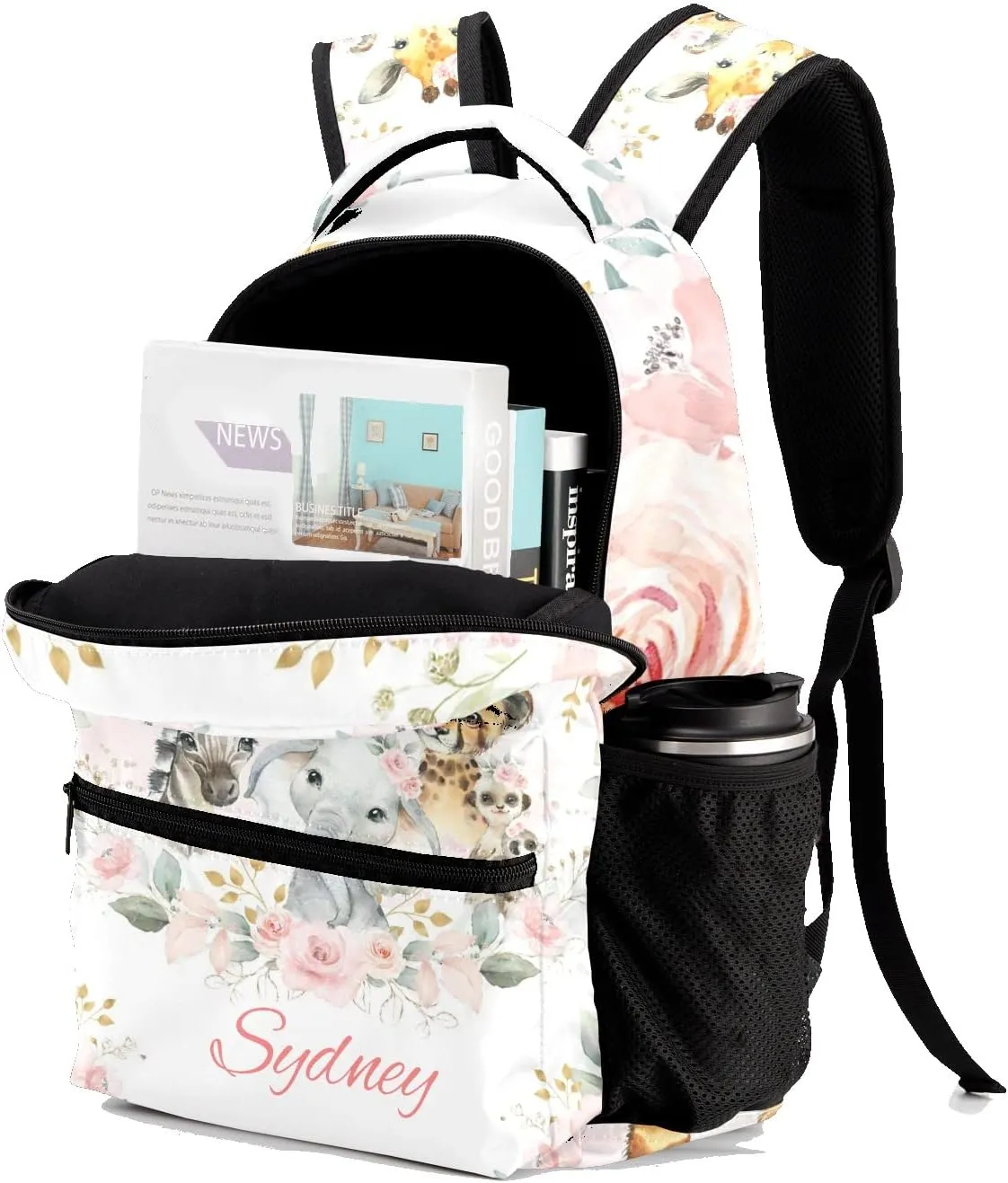 Deven Safari Jungle Animals Gold Floral Personalized Kids Backpack for Boy/Girl Teen Primary School Daypack Travel Bag Bookbag