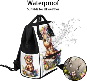 Diaper Bag Backpack Flower Cute Bear Baby Bag for Boys& Girls, Waterproof Mummy Bag, Baby Nappy Changing Bags, Large Capacity Tote Handbags Casual Travel Backpacks for Mom Dad Unisex