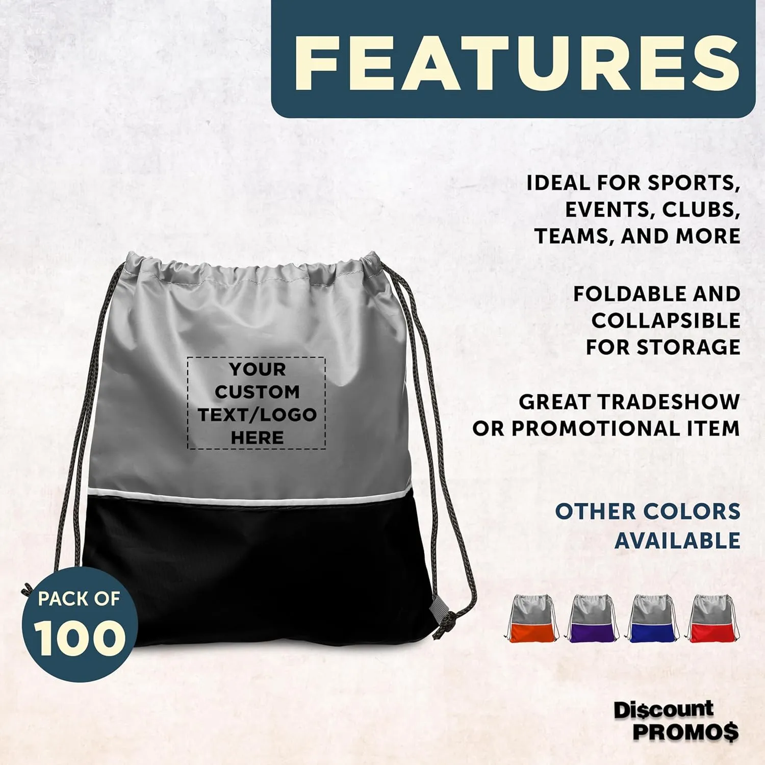 DISCOUNT PROMOS 100 Easy Go Drawstring Backpacks Set - Customizable Text, Logo - Polyester, Convenient, Innovative features, Stylish - Black