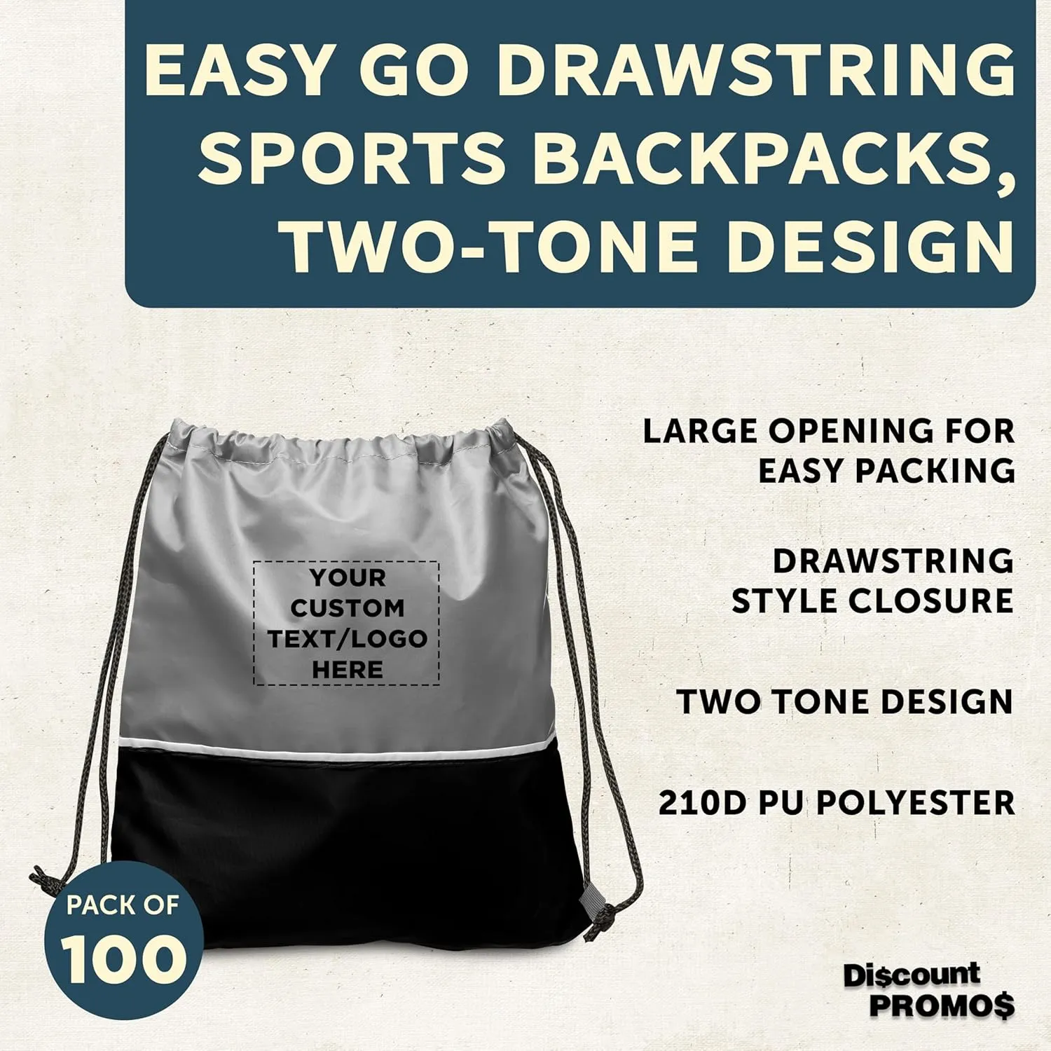 DISCOUNT PROMOS 100 Easy Go Drawstring Backpacks Set - Customizable Text, Logo - Polyester, Convenient, Innovative features, Stylish - Black