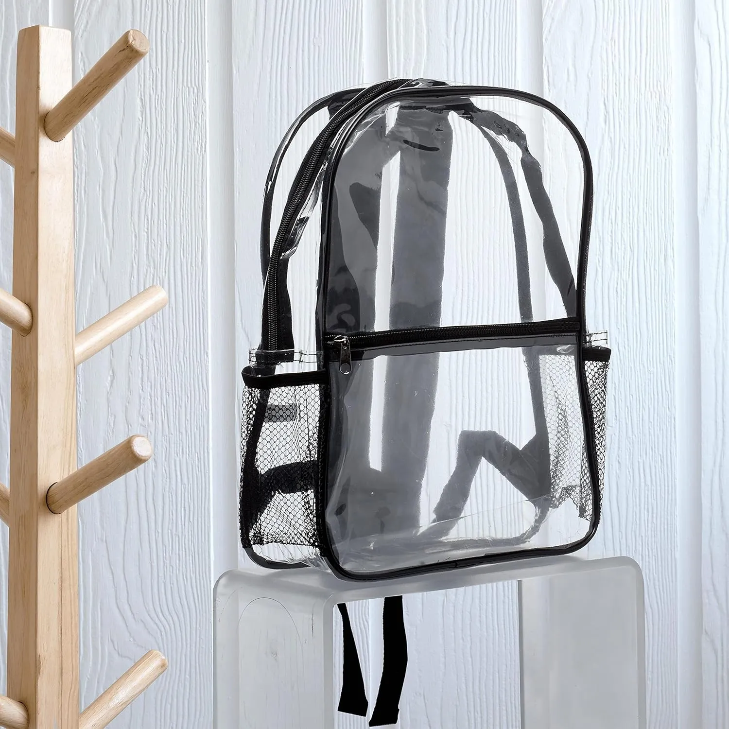 DISCOUNT PROMOS Clear PVC Plastic Backpacks Set of 6, Bulk Pack - Water Resistant, Perfect for Travel, Outdoor - Clear Black