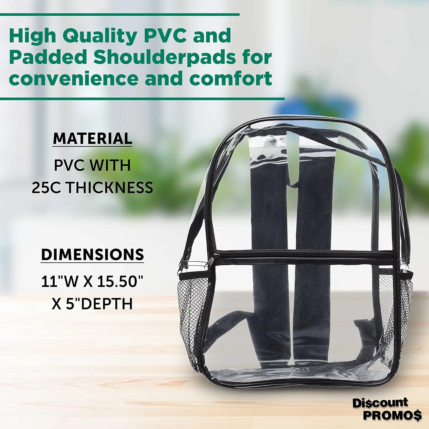 DISCOUNT PROMOS Clear PVC Plastic Backpacks Set of 6, Bulk Pack - Water Resistant, Perfect for Travel, Outdoor - Clear Black