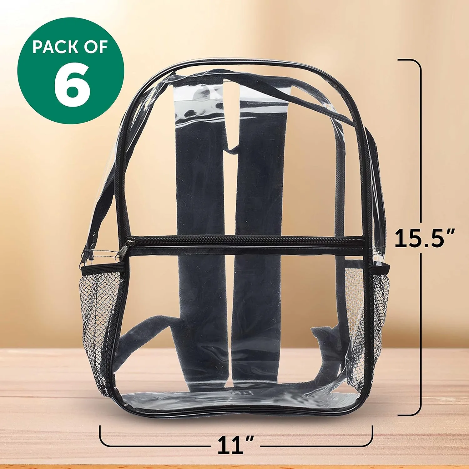 DISCOUNT PROMOS Clear PVC Plastic Backpacks Set of 6, Bulk Pack - Water Resistant, Perfect for Travel, Outdoor - Clear Black