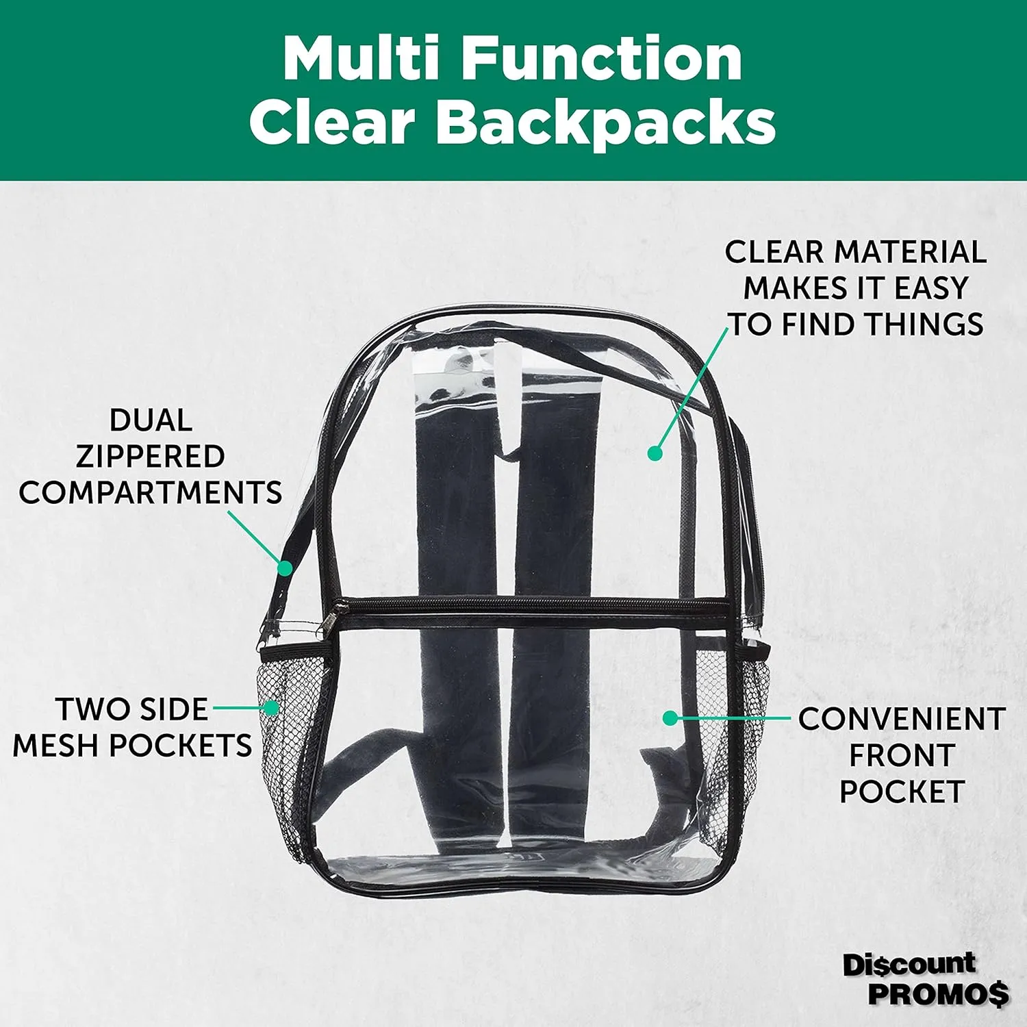 DISCOUNT PROMOS Clear PVC Plastic Backpacks Set of 6, Bulk Pack - Water Resistant, Perfect for Travel, Outdoor - Clear Black