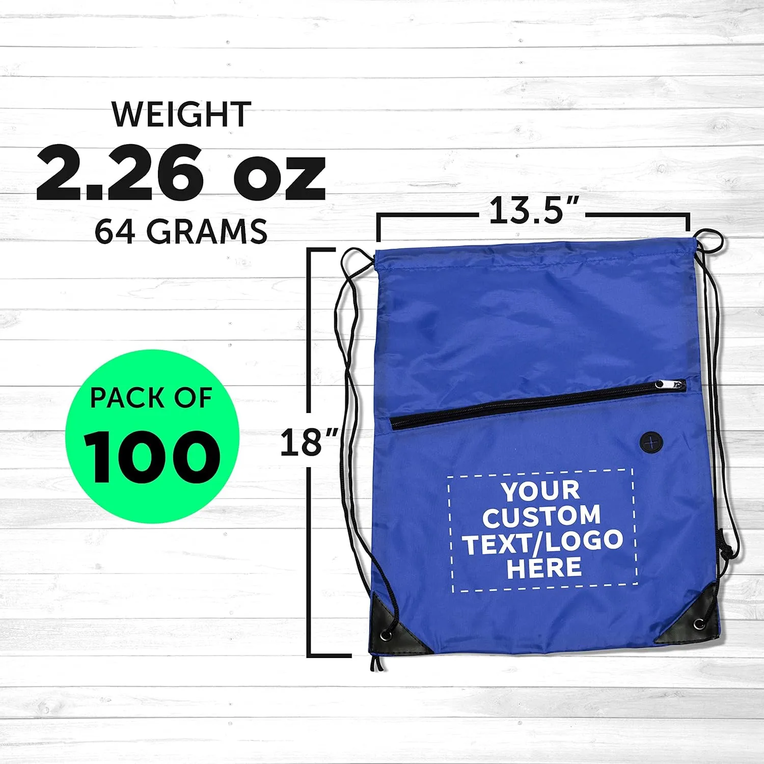 DISCOUNT PROMOS Custom Drawstring BackPacks with Pocket Set of 100, Personalized Bulk Pack - Water Resistant, Perfect for Gym, Camping, Beach, Outdoor Sports - Blue