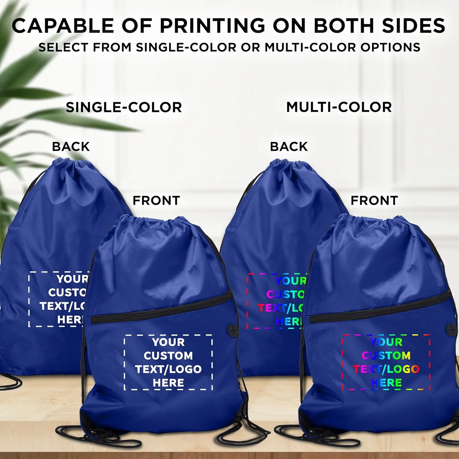 DISCOUNT PROMOS Custom Drawstring BackPacks with Pocket Set of 100, Personalized Bulk Pack - Water Resistant, Perfect for Gym, Camping, Beach, Outdoor Sports - Blue