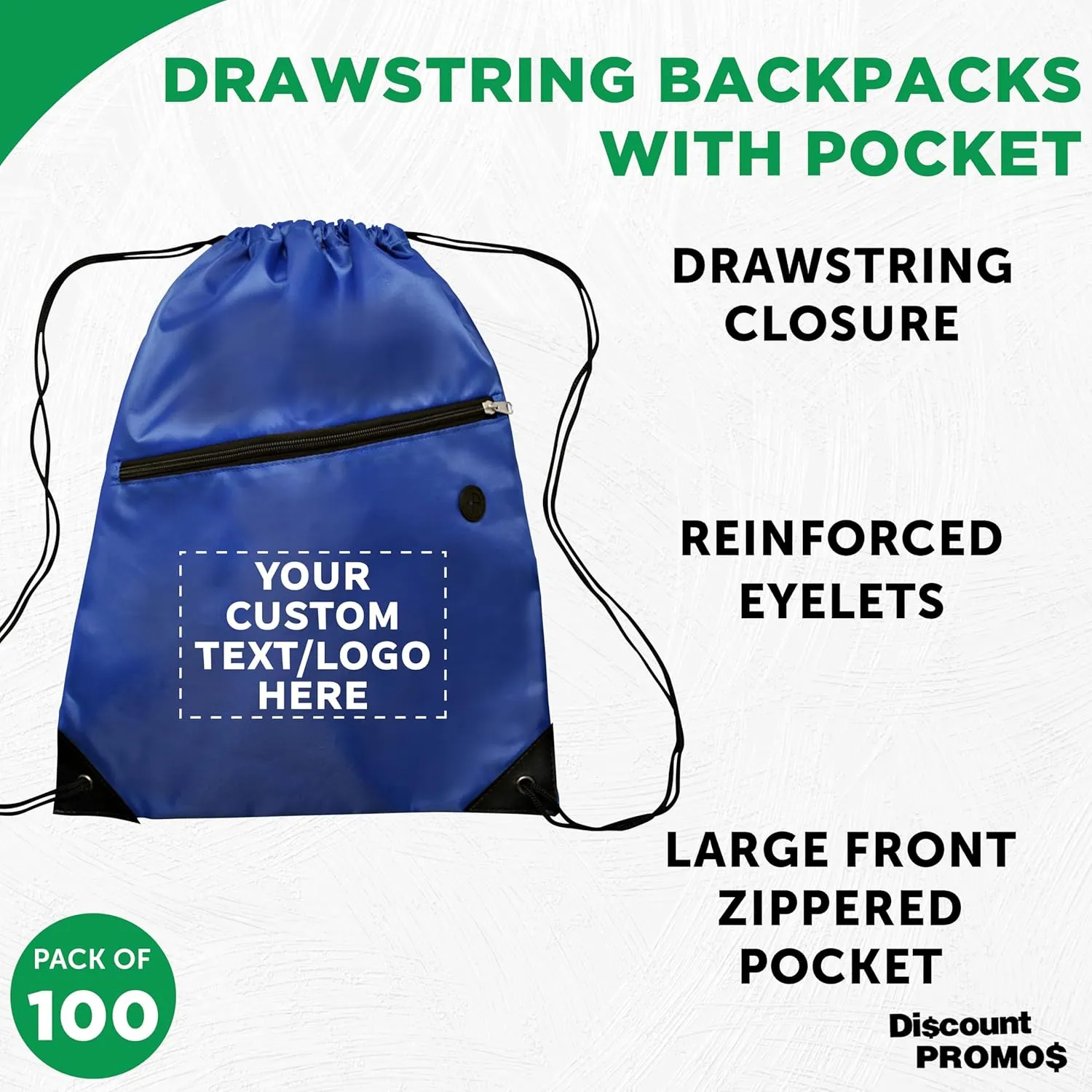 DISCOUNT PROMOS Custom Drawstring BackPacks with Pocket Set of 100, Personalized Bulk Pack - Water Resistant, Perfect for Gym, Camping, Beach, Outdoor Sports - Blue