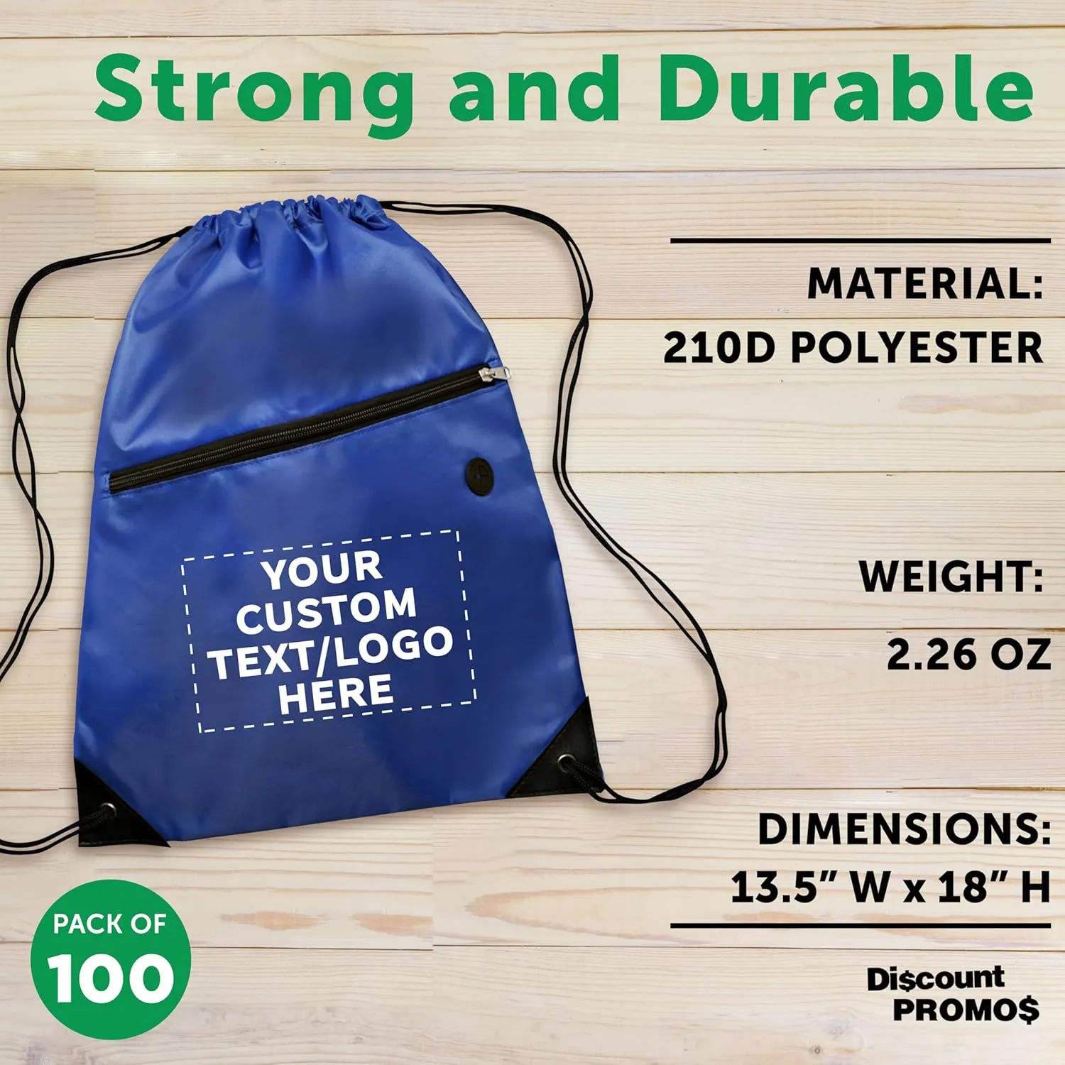 DISCOUNT PROMOS Custom Drawstring BackPacks with Pocket Set of 100, Personalized Bulk Pack - Water Resistant, Perfect for Gym, Camping, Beach, Outdoor Sports - Blue