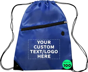 DISCOUNT PROMOS Custom Drawstring BackPacks with Pocket Set of 100, Personalized Bulk Pack - Water Resistant, Perfect for Gym, Camping, Beach, Outdoor Sports - Blue