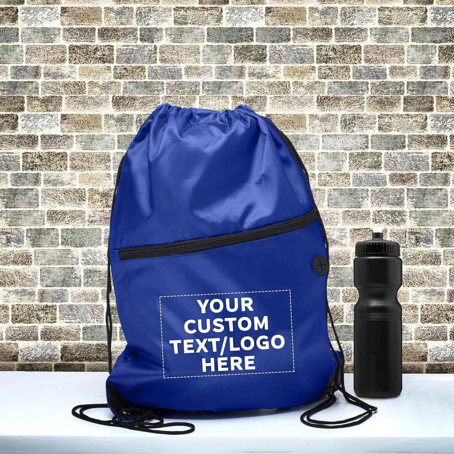 DISCOUNT PROMOS Custom Drawstring BackPacks with Pocket Set of 100, Personalized Bulk Pack - Water Resistant, Perfect for Gym, Camping, Beach, Outdoor Sports - Blue