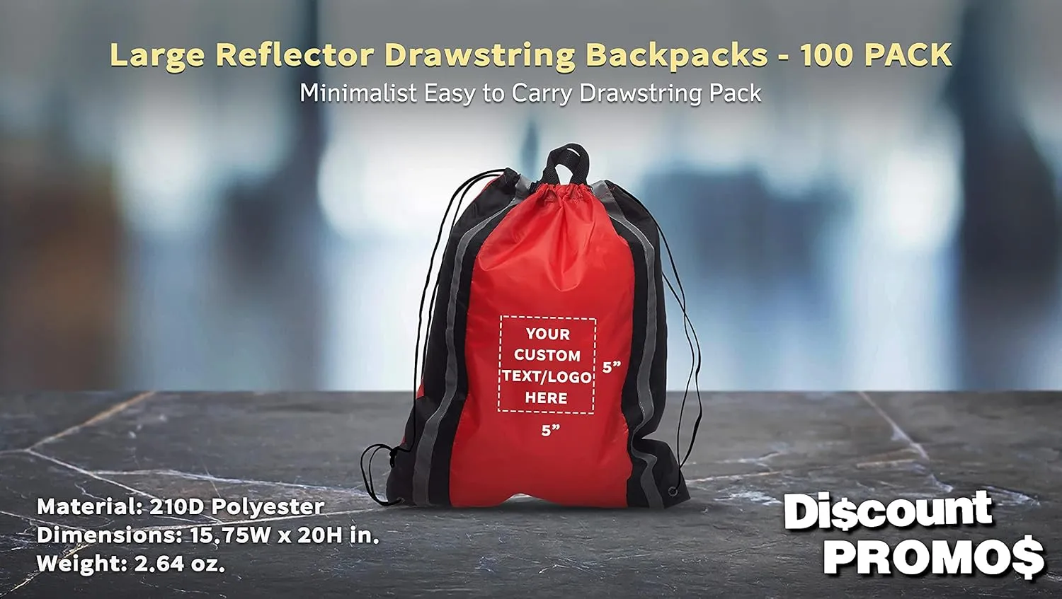 DISCOUNT PROMOS Custom Large Reflector Drawstring Backpacks Set of 100, Personalized Bulk Pack - Bring Everywhere You Go, Perfect for Travellers and Great for Everyday Use - Red