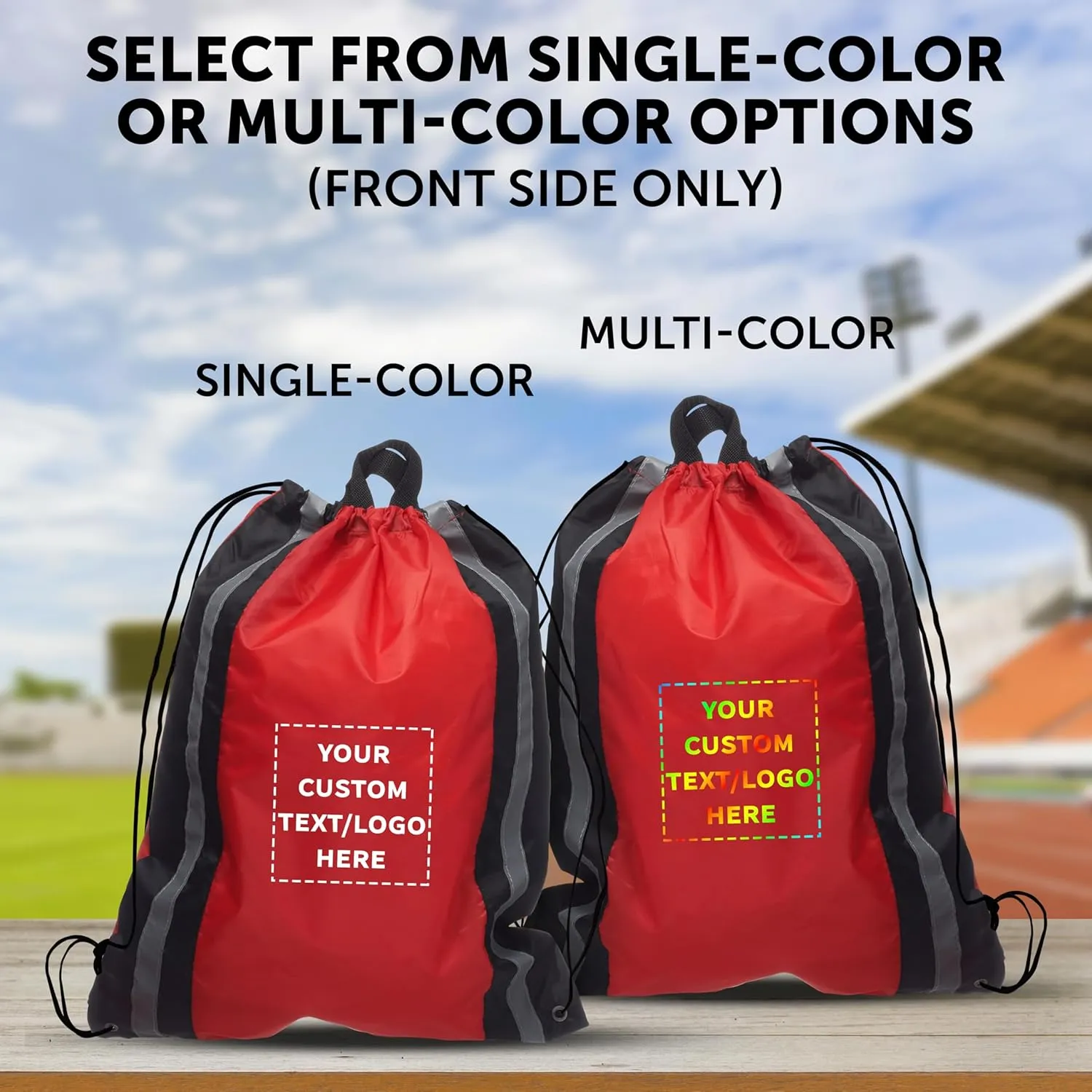 DISCOUNT PROMOS Custom Large Reflector Drawstring Backpacks Set of 100, Personalized Bulk Pack - Bring Everywhere You Go, Perfect for Travellers and Great for Everyday Use - Red