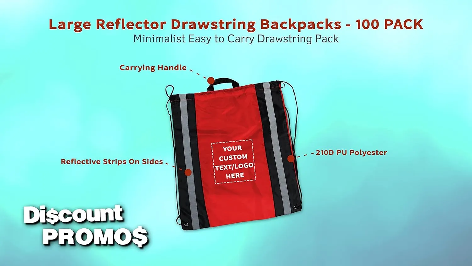DISCOUNT PROMOS Custom Large Reflector Drawstring Backpacks Set of 100, Personalized Bulk Pack - Bring Everywhere You Go, Perfect for Travellers and Great for Everyday Use - Red