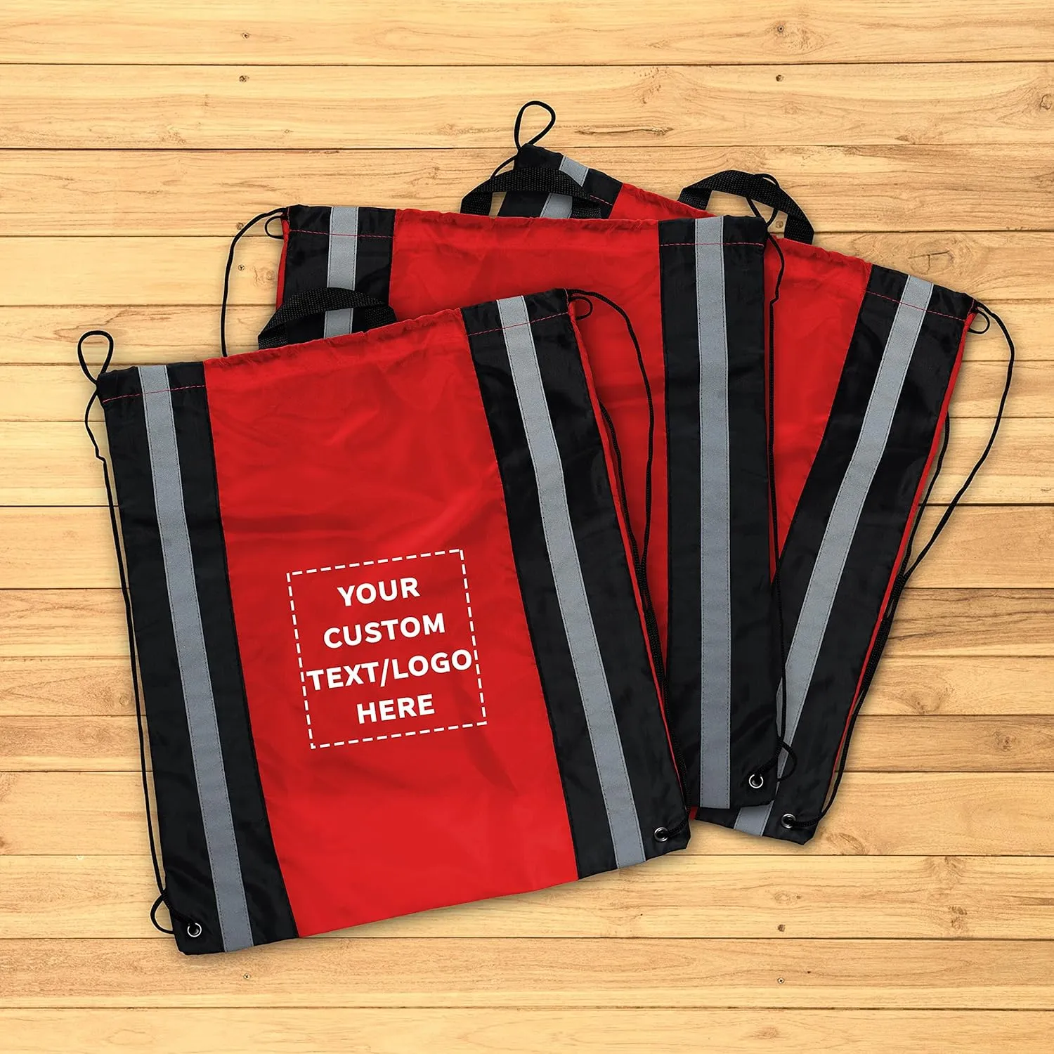 DISCOUNT PROMOS Custom Large Reflector Drawstring Backpacks Set of 100, Personalized Bulk Pack - Bring Everywhere You Go, Perfect for Travellers and Great for Everyday Use - Red