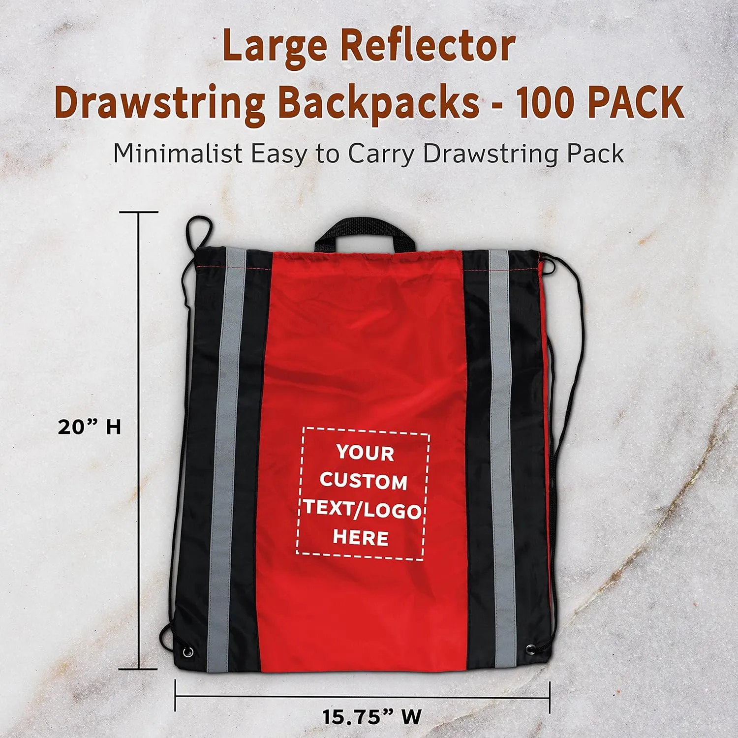 DISCOUNT PROMOS Custom Large Reflector Drawstring Backpacks Set of 100, Personalized Bulk Pack - Bring Everywhere You Go, Perfect for Travellers and Great for Everyday Use - Red