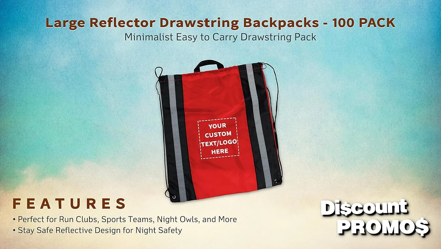 DISCOUNT PROMOS Custom Large Reflector Drawstring Backpacks Set of 100, Personalized Bulk Pack - Bring Everywhere You Go, Perfect for Travellers and Great for Everyday Use - Red