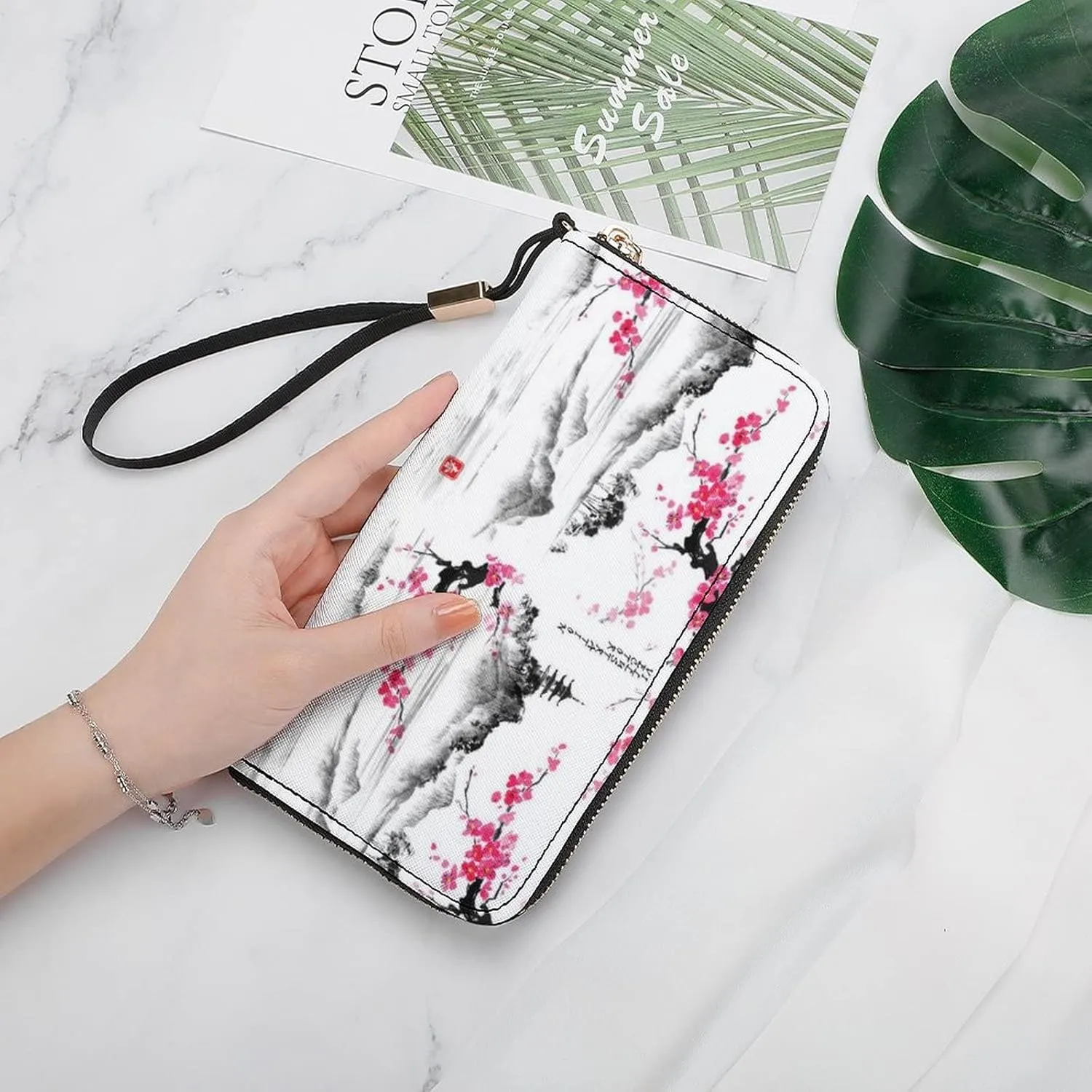 Donnapink Japanese Mount Fuji Pink Cherry Blossoms on White Long Clutch Wallet, Long Handbag with Removable Wristlet Strap, PU Leather Zip Purse, Credit Pass Case Card-Holder for Men Women