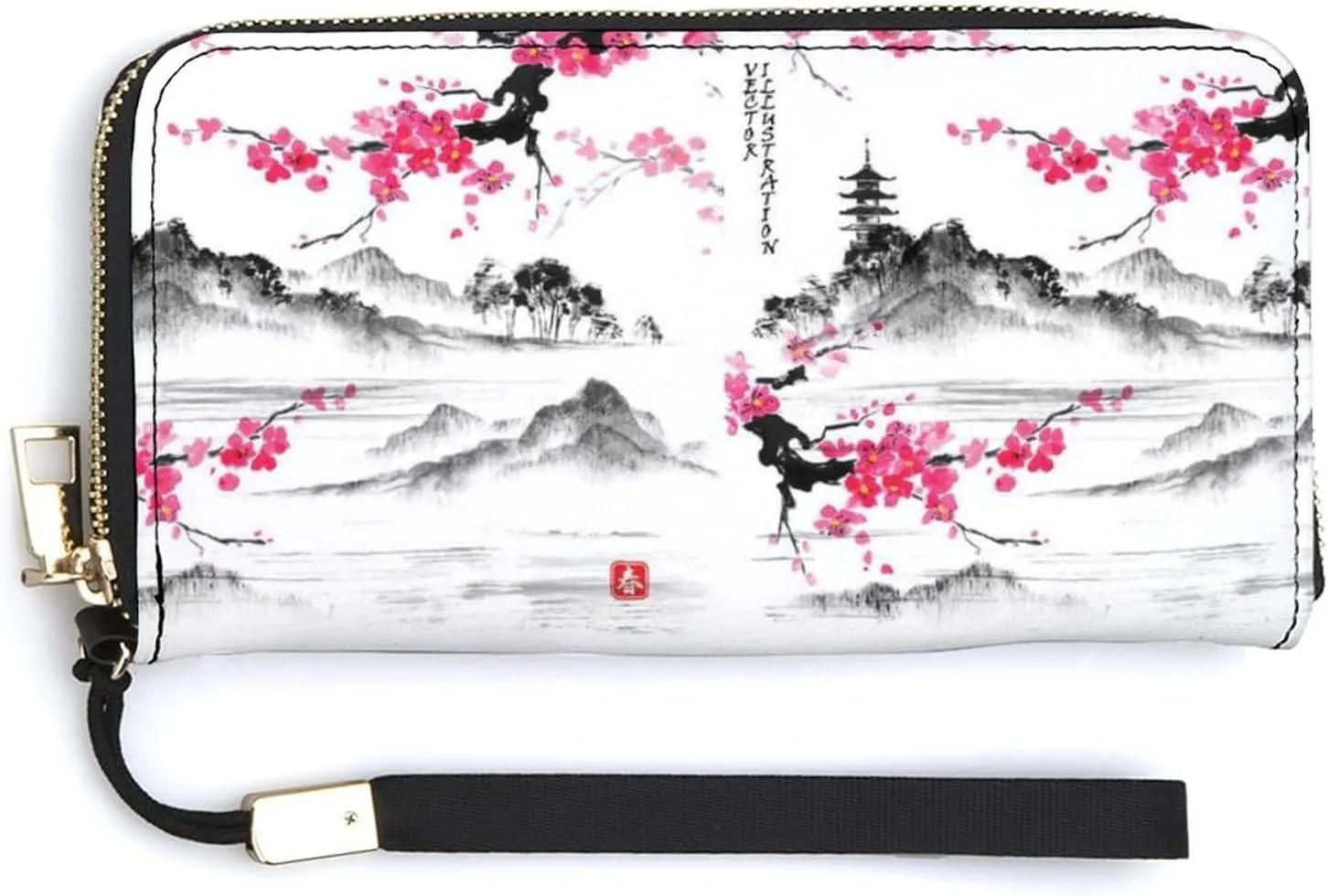 Donnapink Japanese Mount Fuji Pink Cherry Blossoms on White Long Clutch Wallet, Long Handbag with Removable Wristlet Strap, PU Leather Zip Purse, Credit Pass Case Card-Holder for Men Women