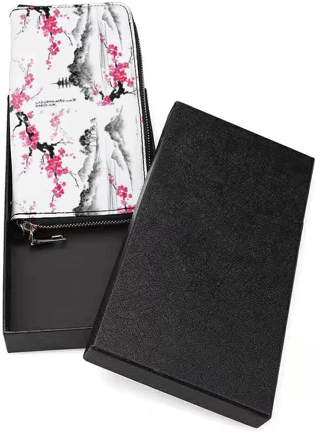 Donnapink Japanese Mount Fuji Pink Cherry Blossoms on White Long Clutch Wallet, Long Handbag with Removable Wristlet Strap, PU Leather Zip Purse, Credit Pass Case Card-Holder for Men Women