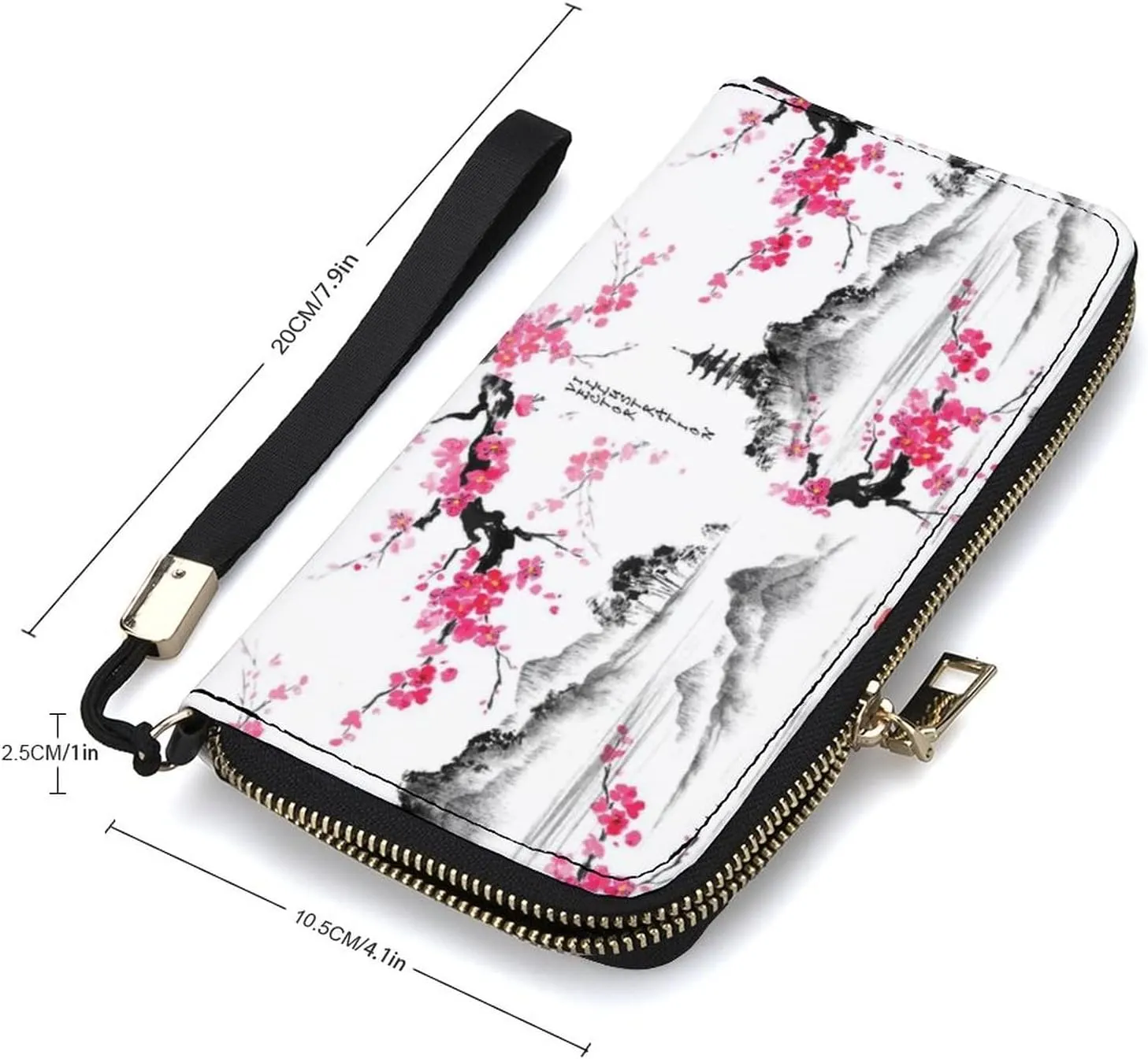 Donnapink Japanese Mount Fuji Pink Cherry Blossoms on White Long Clutch Wallet, Long Handbag with Removable Wristlet Strap, PU Leather Zip Purse, Credit Pass Case Card-Holder for Men Women