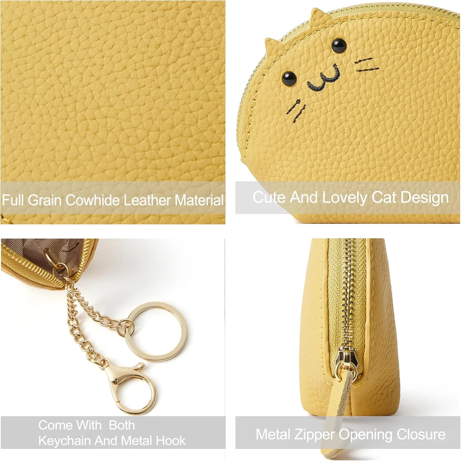 Doris&Jacky Leather Zipper Coin Purse Lovely Cat Design Coin Pouch And Wallet With Keychain (3-Light Yellow)