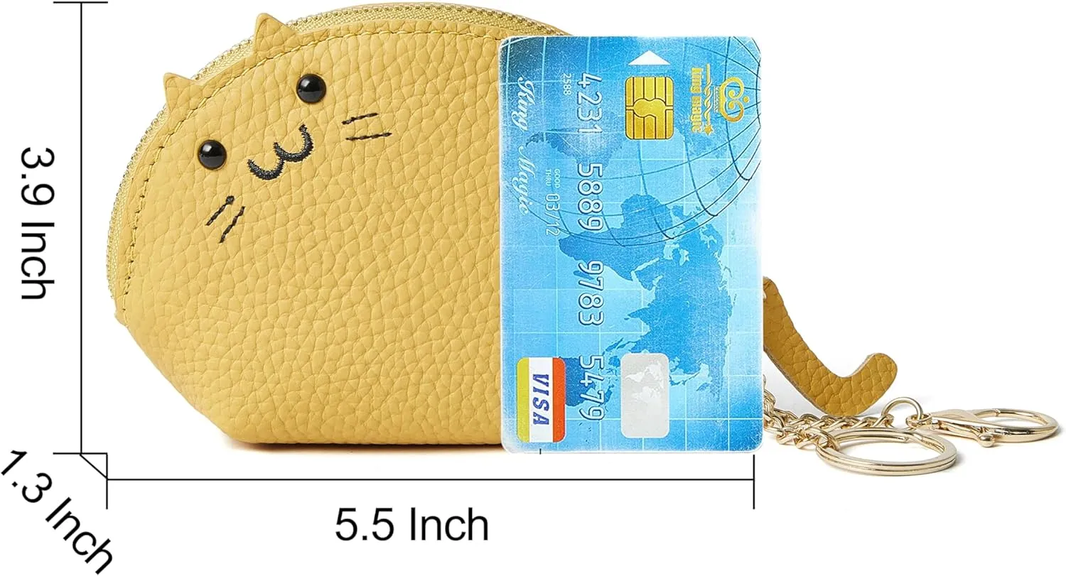 Doris&Jacky Leather Zipper Coin Purse Lovely Cat Design Coin Pouch And Wallet With Keychain (3-Light Yellow)