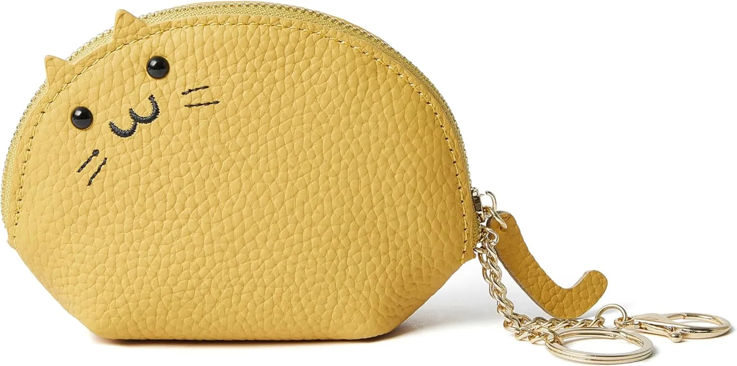 Doris&Jacky Leather Zipper Coin Purse Lovely Cat Design Coin Pouch And Wallet With Keychain (3-Light Yellow)