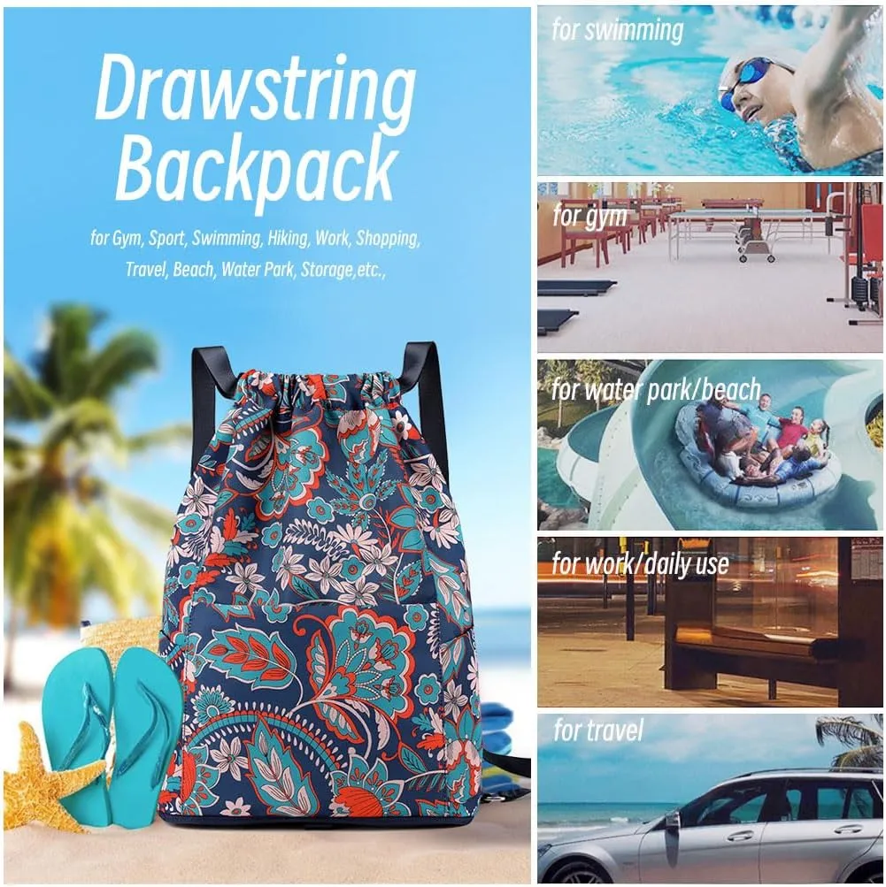 Drawstring Backpack Bag, Waterproof Draw String Back Sack with Zipper Pocket, Gym Drawstring Backpack Swimming Bag for Men Women, Pack of 1, Varitone, Blue to Yellow